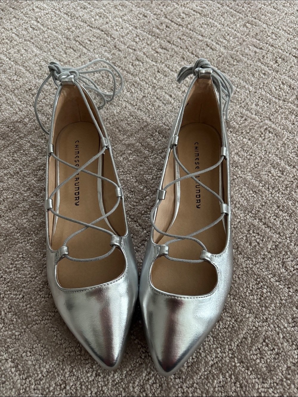 Chinese Laundry Metallic Silver Lace-Up Pointed Flats
